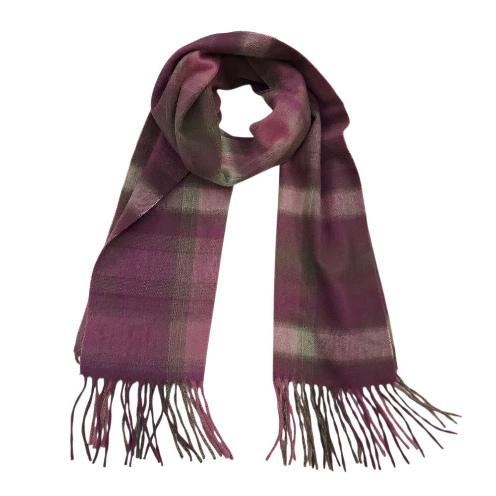 Nordstrom Womens Purple Plaid Cashmere Scarf Wrap Fringe Shawl Soft Luxury Warm